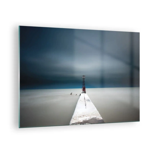 Cuadro sobre vidrio - Impresiones sobre Vidrio - Un muelle minimalista que conduce al faro con el mar y el cielo como telón de fondo. - 70x50cm - Encuentro con la inmensidad - Decoración de pared moderna para salón y dormitorio ARTTOR