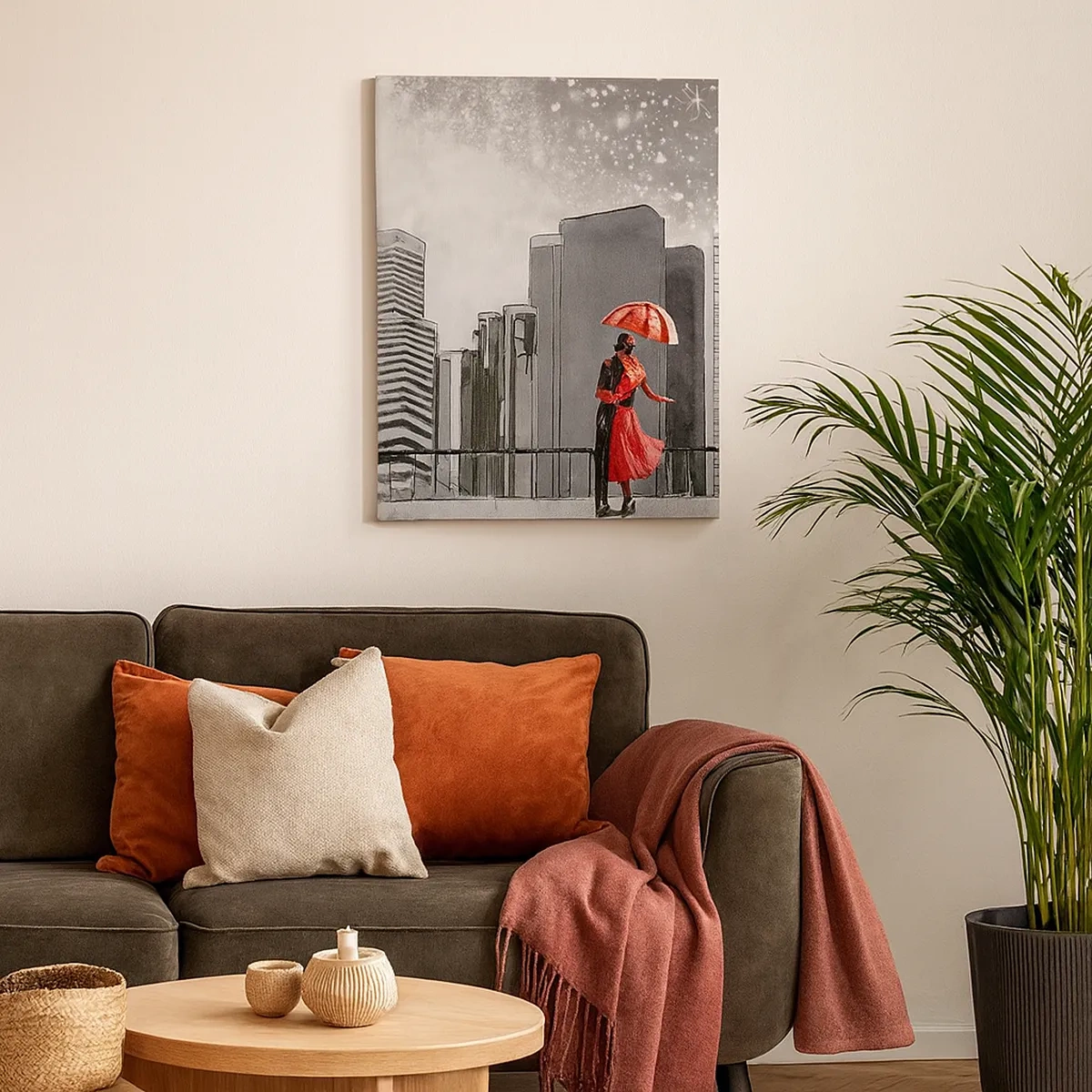 Cuadro sobre lienzo - Impresión de Imagen - Una pareja vestida de rojo con un paraguas frente a un paisaje urbano. - 50x70cm - Amor en la jungla urbana - Decoración de pared moderna para salón y dormitorio ARTTOR