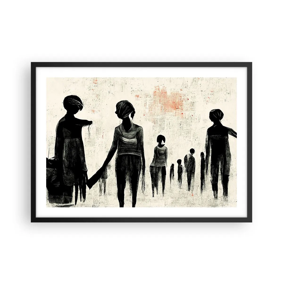 Póster en marco negro - Figuras en una composición monocromática sobre un fondo claro. - 70x50cm - Contra la soledad - Decoración de pared moderna para salón y dormitorio ARTTOR