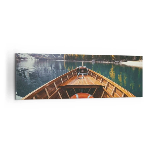 Cuadro sobre lienzo - Impresión de Imagen - Un barco de madera en un lago de montaña rodeado de bosque. - 160x50cm - Viaje a la montaña - Decoración de pared moderna para salón y dormitorio ARTTOR