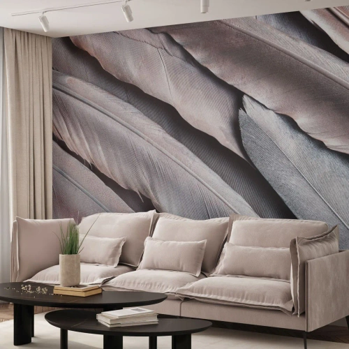 Fotomural Premium Sand - Delicadas plumas en tonos rosa y plata. - 100x70cm - En rosa plateado - Decoración de pared moderna para salón y dormitorio ARTTOR