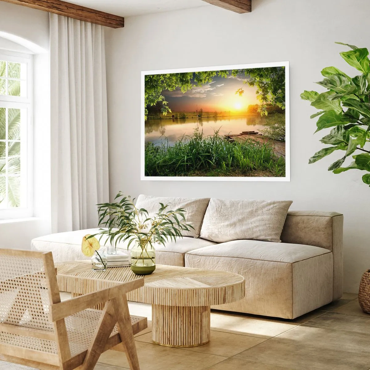 Póster - Paisaje verde con un lago al atardecer - 100x70cm - Paisaje en un marco verde - Decoración de pared moderna para salón y dormitorio ARTTOR
