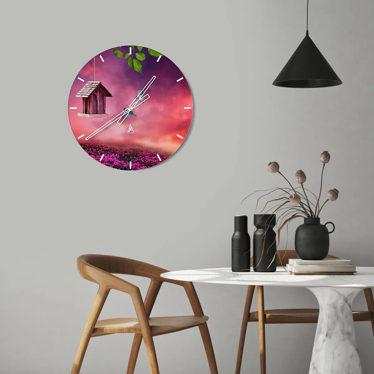 Reloj de pared - Reloj de vidrio - Paisaje con casa de pájaros, cielo rosa y hojas verdes. - 30x30cm - Invitación a una cena - Decoración de pared moderna para salón, cocina y dormitorio ARTTOR