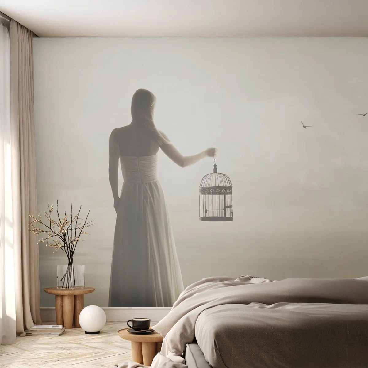 Fotomural Premium Sand - Sé libre - Mujer, Jaula de pájaros, Pájaro - 450x315 cm