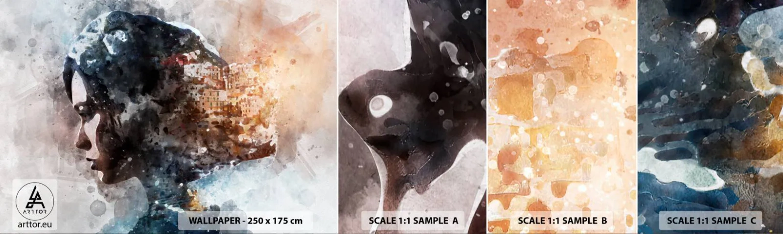 Muestra de fotomural autoadhesivo Deluxe Sticker - Una historia sobre una niña con una ciudad de fondo - Abstracción, Mujer, Arquitectura - 100x30 cm