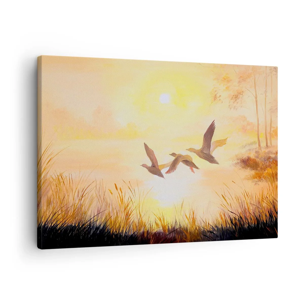 Cuadro sobre lienzo - Impresión de Imagen - Patos volando al amanecer sobre el lago - 70x50cm - El comienzo de un largo viaje - Decoración de pared moderna para salón y dormitorio ARTTOR