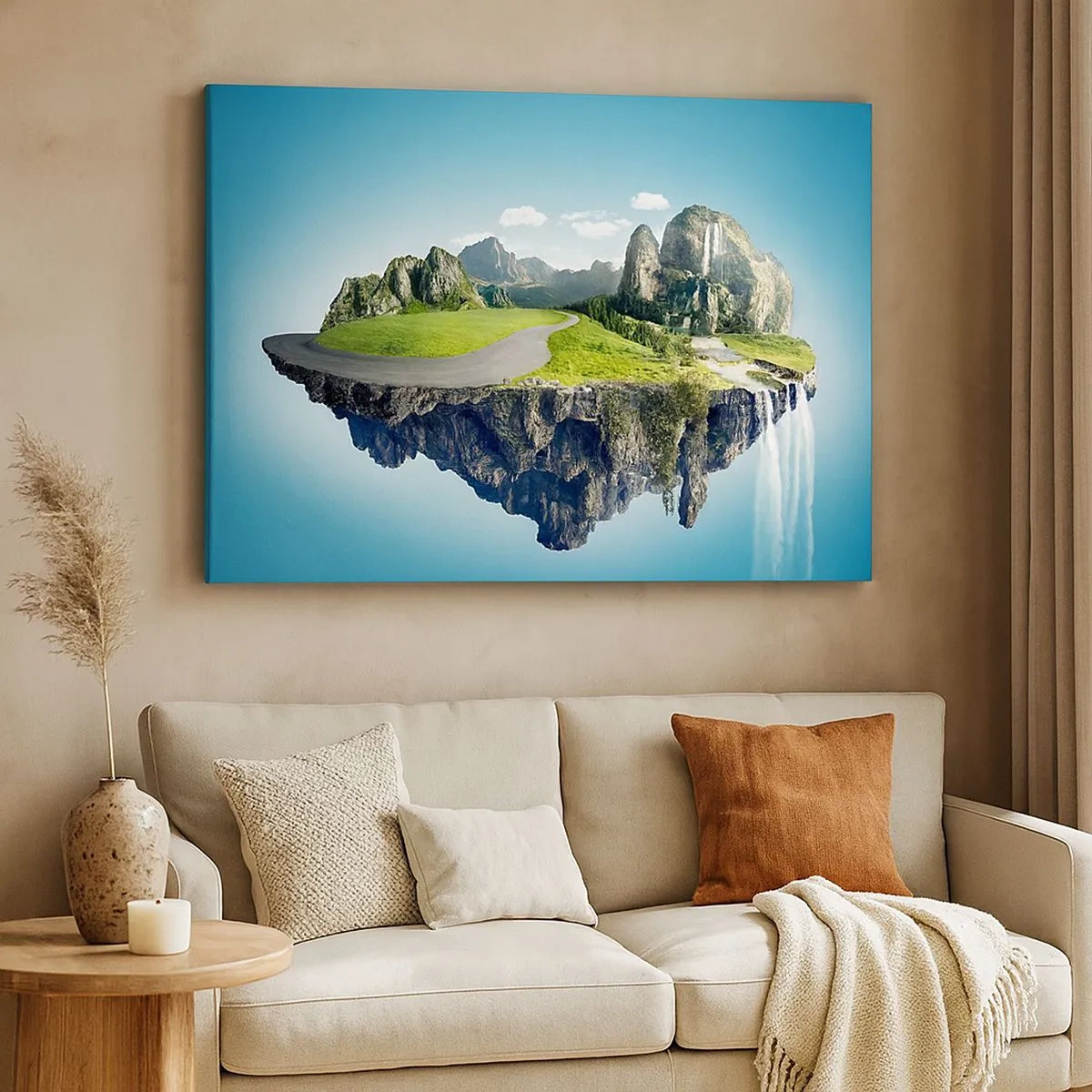 Cuadro sobre lienzo - Impresión de Imagen - Una isla flotante con montañas y cascadas. - 70x50cm - Isla fantástica - Decoración de pared moderna para salón y dormitorio ARTTOR