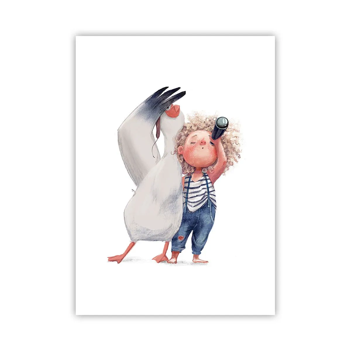 Póster - Ilustración de un niño con binoculares y un pájaro que los acompaña. - 50x70cm - Un plan para un gran viaje - Decoración de pared moderna para salón y dormitorio ARTTOR