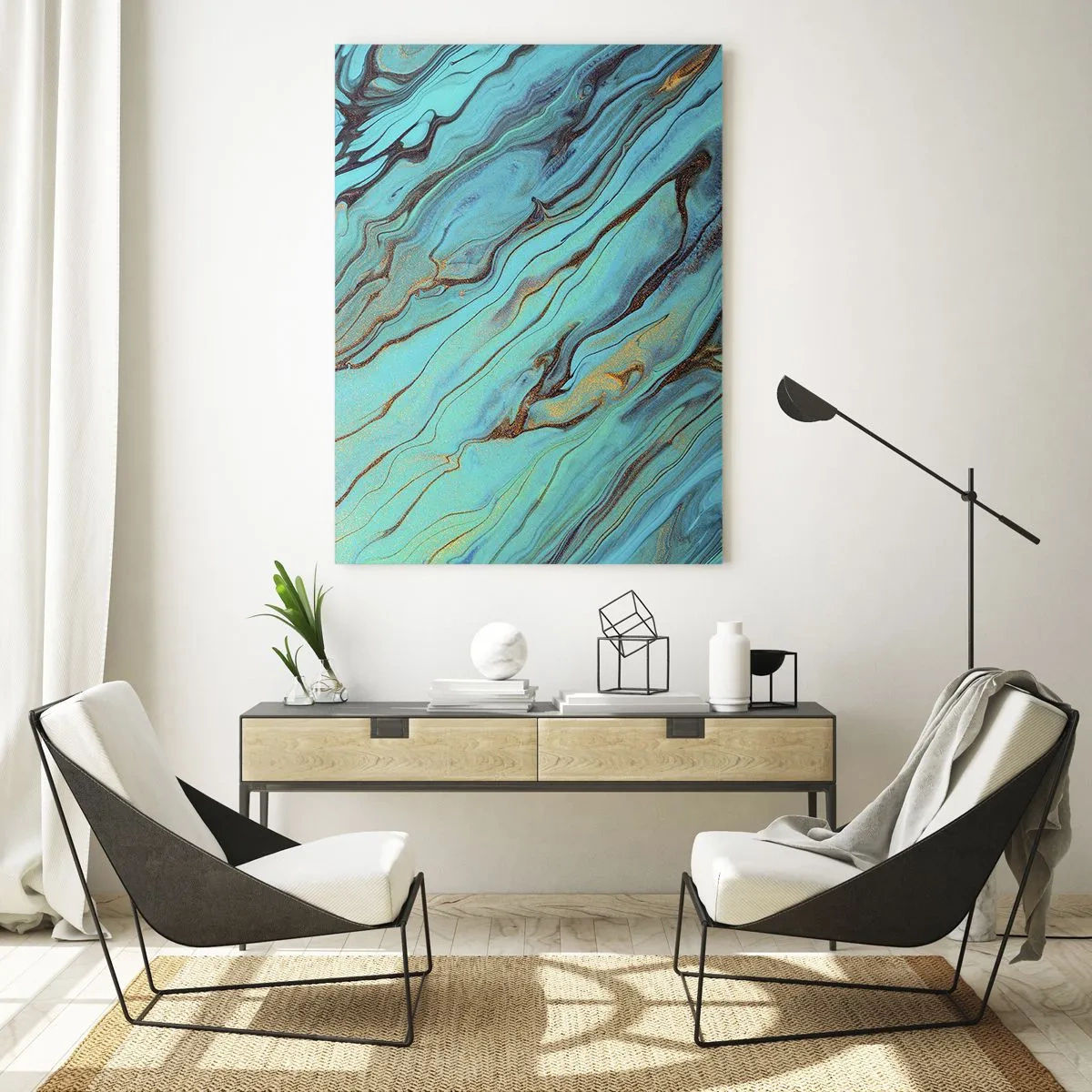 Cuadro sobre vidrio - Impresiones sobre Vidrio - Rayas abstractas en turquesa y oro - 50x70cm - Marea turquesa - Decoración de pared moderna para salón y dormitorio ARTTOR