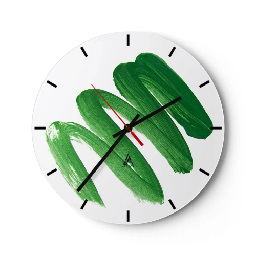 Reloj de pared - Reloj de vidrio - Pinceladas verdes sobre un fondo blanco - 30x30cm - Una broma verde - Decoración de pared moderna para salón, cocina y dormitorio ARTTOR