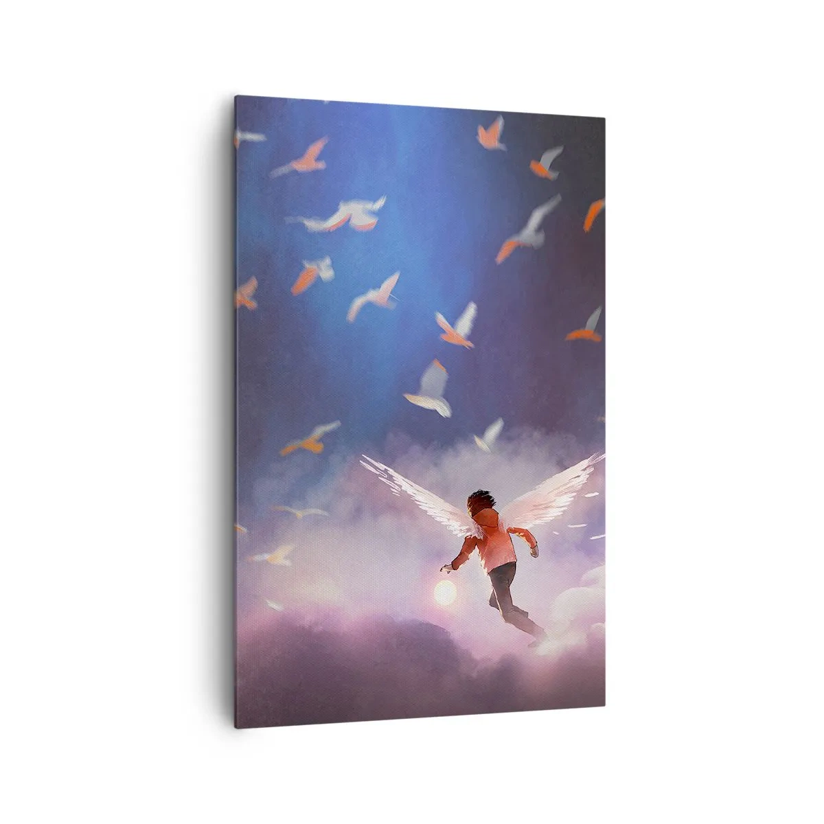 Cuadro sobre lienzo - Impresión de Imagen - Una figura con alas de ángel flotando entre pájaros en el cielo. - 80x120cm - Imaginación y valor - Decoración de pared moderna para salón y dormitorio ARTTOR