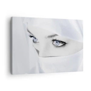 Cuadro sobre lienzo - Impresión de Imagen - Retrato de una mujer con ojos azules ocultos tras un velo blanco. - 70x50cm - Directamente de las mil y una noches - Decoración de pared moderna para salón y dormitorio ARTTOR