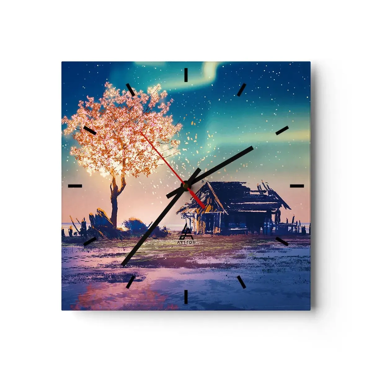 Reloj de pared - Reloj de vidrio - Una casa y un árbol en flor bajo el cielo nocturno. - 30x30cm - La naturaleza perdura - Decoración de pared moderna para salón y dormitorio ARTTOR