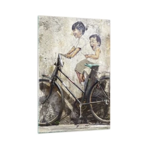 Cuadro sobre vidrio - Impresiones sobre Vidrio - Arte callejero con una bicicleta y dibujos infantiles en la pared. - 80x120cm - ¿Verdadero o falso? - Decoración de pared moderna para salón y dormitorio ARTTOR