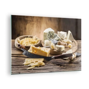 Cuadro sobre vidrio - Impresiones sobre Vidrio - Tabla de quesos con cuchillo sobre mesa rústica - 70x50cm - Degustación de quesos - Decoración de pared moderna para salón y dormitorio ARTTOR
