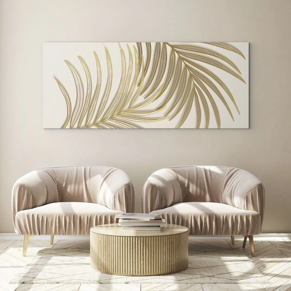 Cuadro sobre vidrio - Impresiones sobre Vidrio - Hojas de palma doradas sobre un fondo claro en estilo minimalista. - 120x50cm - Palma de Oro - Decoración de pared moderna para salón y dormitorio ARTTOR