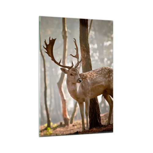 Cuadro sobre vidrio - Impresiones sobre Vidrio - Ciervos en el bosque en la niebla de la mañana. - 80x120cm - La luz de la juventud - Decoración de pared moderna para salón y dormitorio ARTTOR