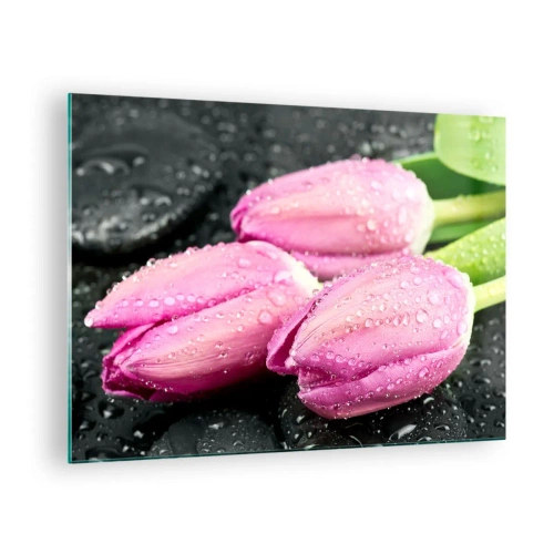 Cuadro sobre vidrio - Impresiones sobre Vidrio - Tres tulipanes rosas cubiertos de gotas de agua sobre un fondo negro. - 70x50cm - Lilas sobre piedra negra - Decoración de pared moderna para salón y dormitorio ARTTOR