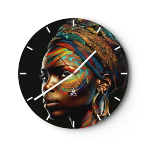 Reloj de pared - Reloj de vidrio - Retrato en color de una mujer con turbante sobre un fondo negro. - 30x30cm - Reina africana - Decoración de pared moderna para salón, cocina y dormitorio ARTTOR