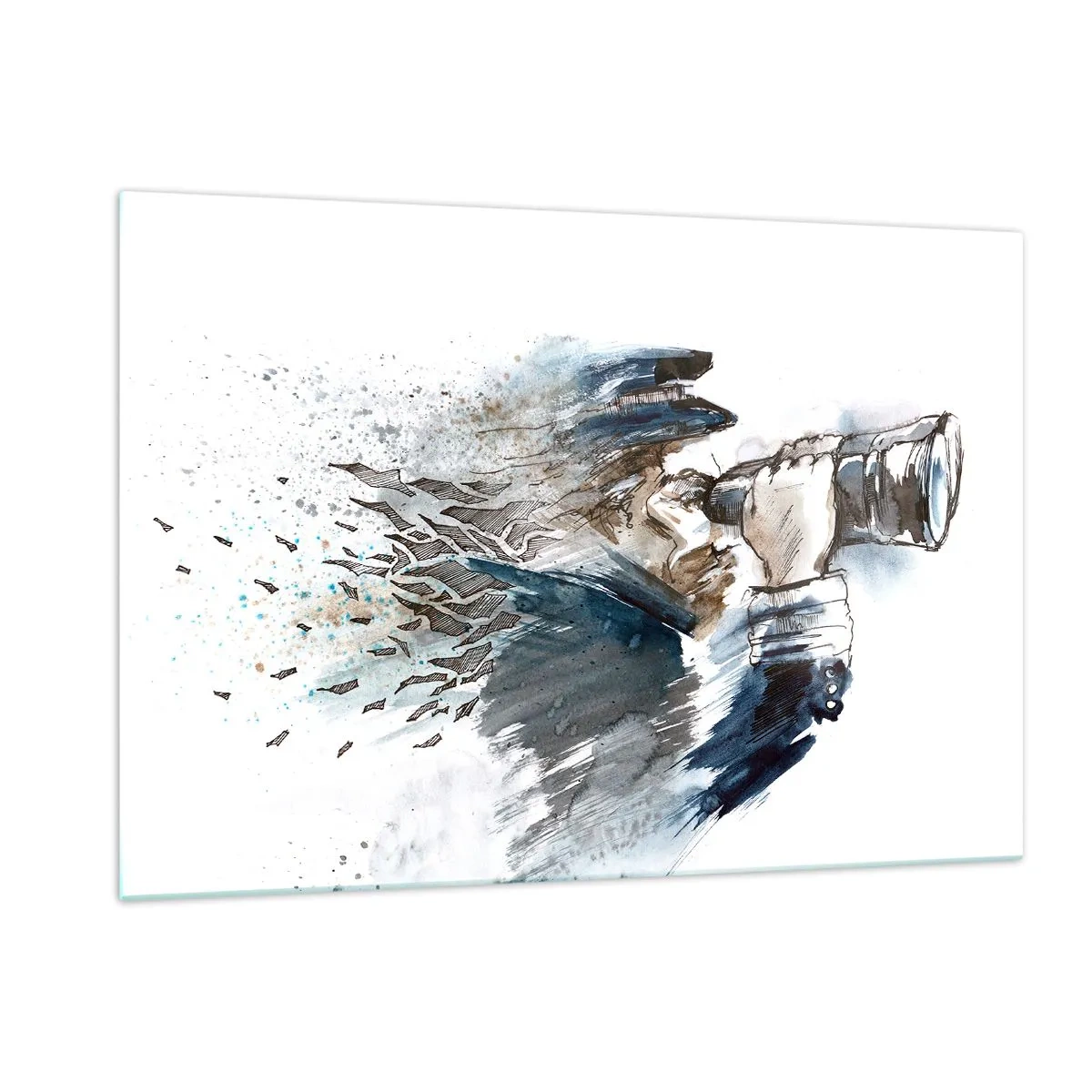 Cuadro sobre vidrio - Impresiones sobre Vidrio - Un hombre con binoculares en una composición dinámica de acuarela. - 120x80cm - Tierra a la vista - Decoración de pared moderna para salón y dormitorio ARTTOR
