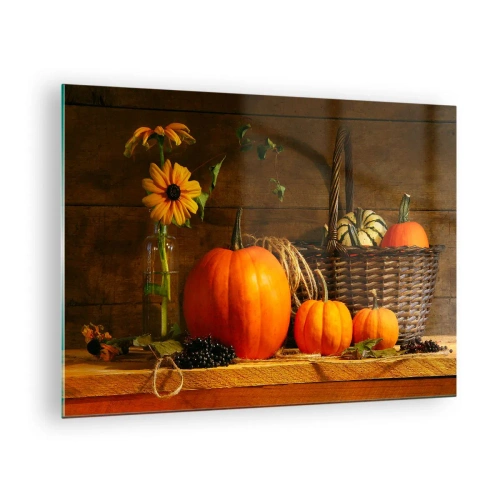 Cuadro sobre vidrio - Impresiones sobre Vidrio - Bodegón otoñal con calabazas y flores - 70x50cm - Composición rústica - regalos de otoño - Decoración de pared moderna para salón y dormitorio ARTTOR