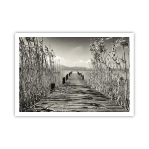 Póster - Un embarcadero de madera entre hierbas altas sobre un lago de tonos sepia. - 100x70cm - En la quietud de los juncos - Decoración de pared moderna para salón y dormitorio ARTTOR