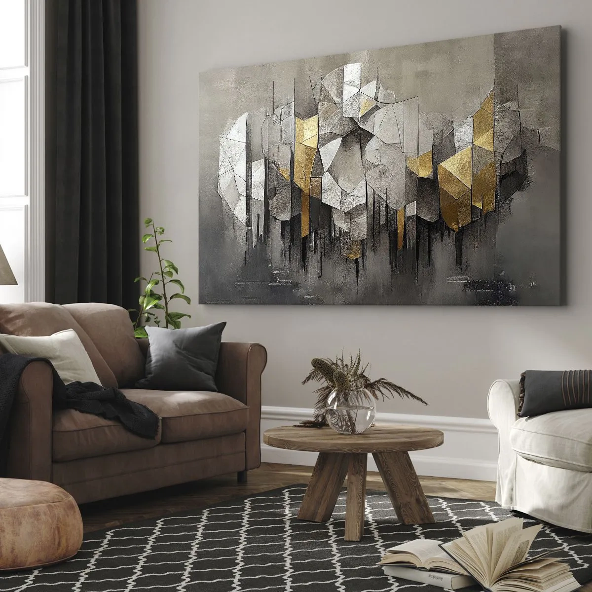 Cuadro sobre lienzo - Impresión de Imagen - Abstracción geométrica en tonos dorados y grises. - 70x50cm - Composición hecha de hielo y luz - Decoración de pared moderna para salón y dormitorio ARTTOR