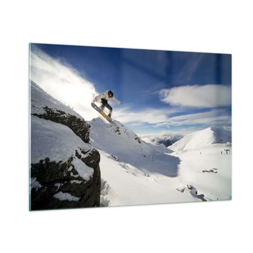 Cuadro sobre vidrio - Impresiones sobre Vidrio - Un snowboarder saltando de un acantilado en las montañas en invierno. - 100x70cm - Libertad sin fronteras - Decoración de pared moderna para salón y dormitorio ARTTOR