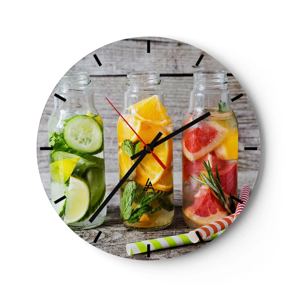 Reloj de pared - Reloj de vidrio - Tres botellas de agua con sabor a frutas y hierbas. - 30x30cm - Saludable por naturaleza - Decoración de pared moderna para salón, cocina y dormitorio ARTTOR
