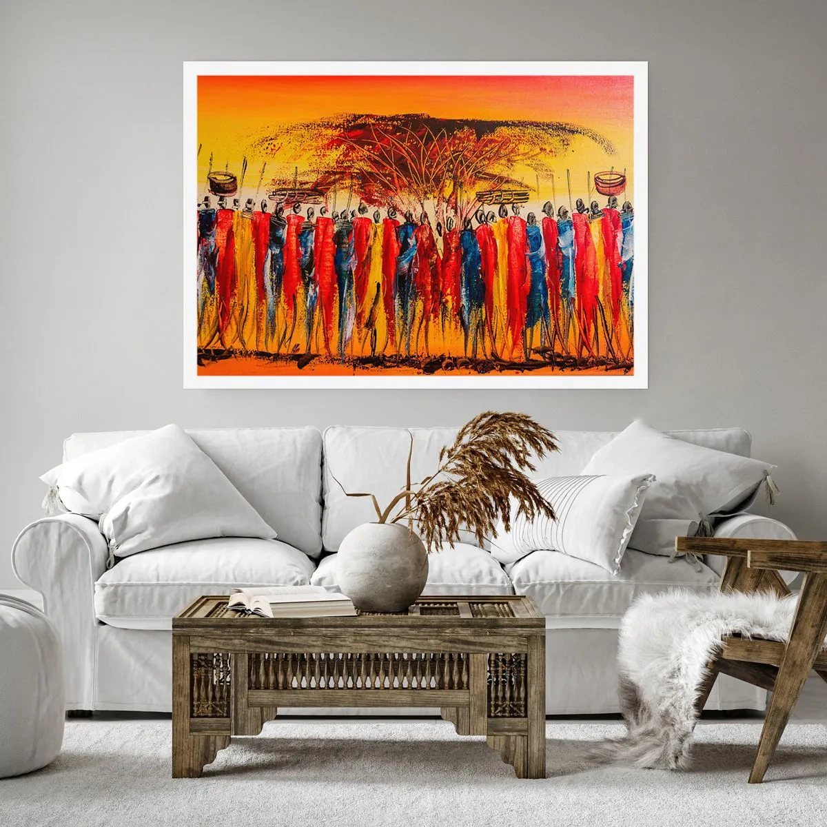 Póster - Una escena colorida con figuras africanas con el sol poniente como telón de fondo. - 100x70cm - Allí, allí, allí van - Decoración de pared moderna para salón y dormitorio ARTTOR