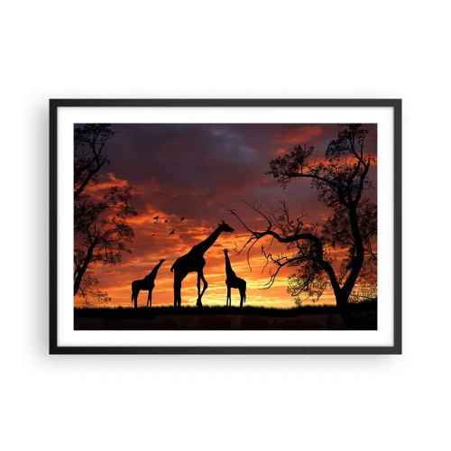 Póster en marco negro - Siluetas de jirafas con el atardecer africano como telón de fondo - 70x50cm - Una pequeña cena con tus seres queridos - Decoración de pared moderna para salón y dormitorio ARTTOR
