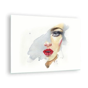 Cuadro sobre vidrio - Impresiones sobre Vidrio - Retrato en acuarela de una mujer con labios rojos. - 70x50cm - Reflejo en una gota de agua - Decoración de pared moderna para salón y dormitorio ARTTOR