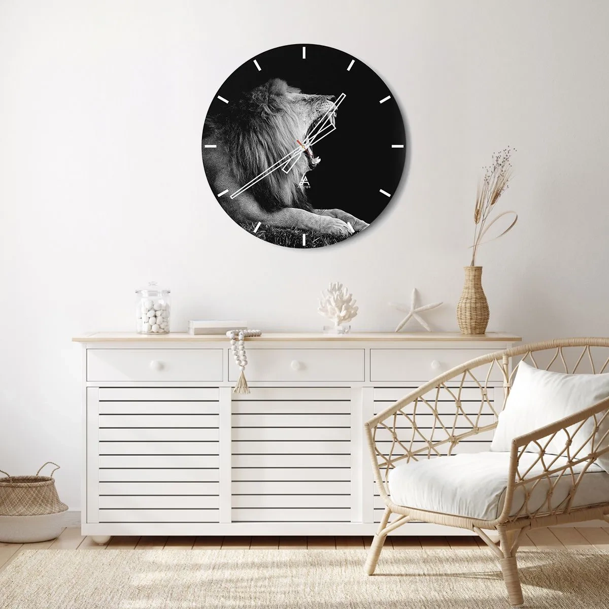 Reloj de pared - Reloj de vidrio - Fotografía en blanco y negro de un león rugiente. - 30x30cm - Sin duda alguna - Decoración de pared moderna para salón, cocina y dormitorio ARTTOR