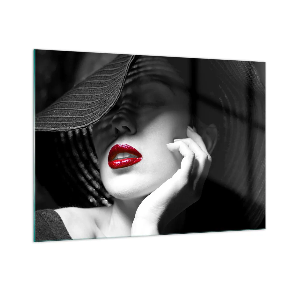 Cuadro sobre vidrio - Impresiones sobre Vidrio - Composición en blanco y negro con acento de labios rojos. - 100x70cm - Estudio en escarlata - Decoración de pared moderna para salón y dormitorio ARTTOR