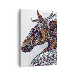 Cuadro sobre lienzo - Impresión de Imagen - Un caballo geométrico con una crin colorida y detallada. - 50x70cm - El corcel de un guerrero celta - Decoración de pared moderna para salón y dormitorio ARTTOR