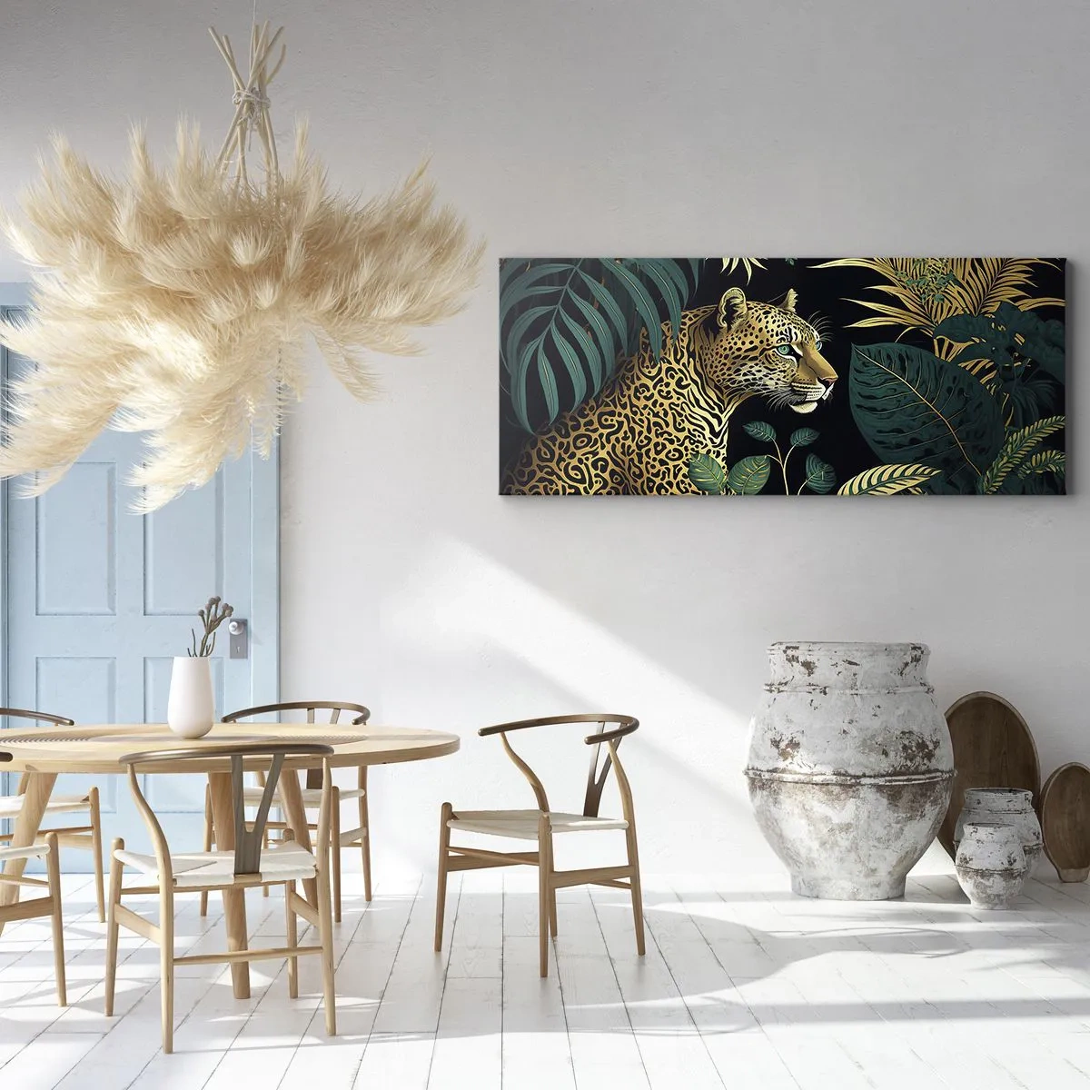 Cuadro sobre lienzo - Impresión de Imagen - Leopardo en hojas tropicales sobre un fondo negro - 140x50cm - El anfitrión en la jungla - Decoración de pared moderna para salón y dormitorio ARTTOR