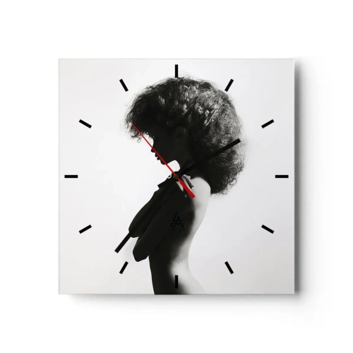 Reloj de pared - Reloj de vidrio - Una silueta sutil de una mujer en tonos blanco y negro sobre un fondo claro. - 30x30cm - Como una flor en un tallo delgado - Decoración de pared moderna para salón y dormitorio ARTTOR