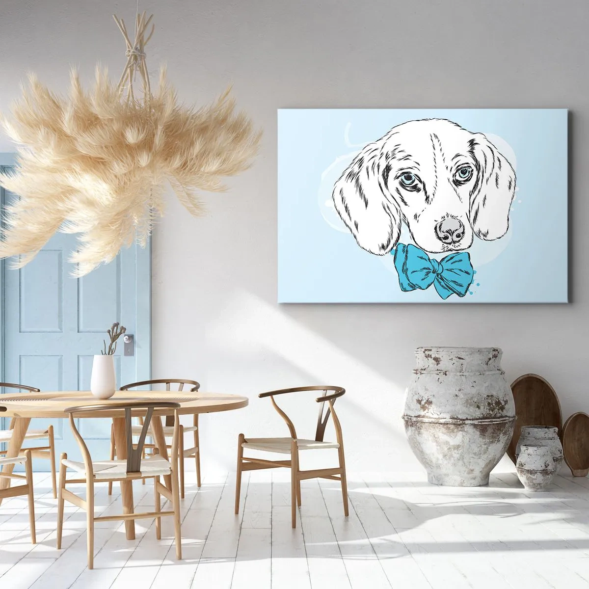 Cuadro sobre lienzo - Impresión de Imagen - Adorable gráfico de un perro con una pajarita sobre un fondo pastel. - 70x50cm - Elegancia canina - Decoración de pared moderna para salón y dormitorio ARTTOR
