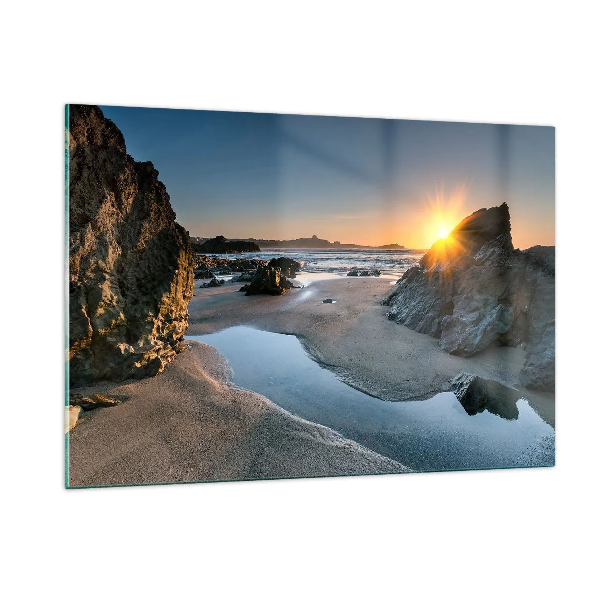 Cuadro sobre vidrio - Impresiones sobre Vidrio - Playa al amanecer con pintorescas rocas y agua. - 120x80cm - Sin tocar por la mano del hombre - Decoración de pared moderna para salón y dormitorio ARTTOR