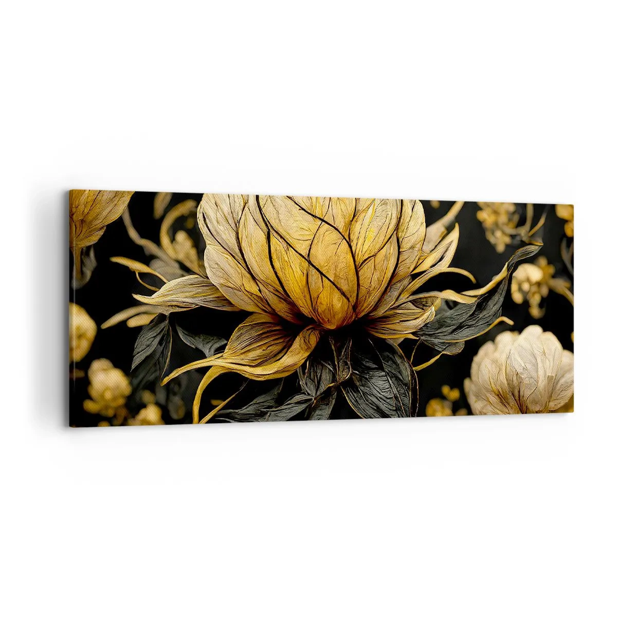 Cuadro sobre lienzo - Impresión de Imagen - Flor dorada sobre fondo oscuro - 120x50cm - Sutil fragilidad - Decoración de pared moderna para salón y dormitorio ARTTOR