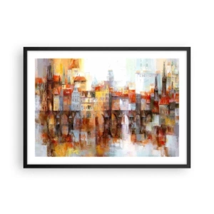 Póster en marco negro - Un pintoresco panorama de la ciudad con un puente en colores otoñales. - 70x50cm - Puente y ciudad - Decoración de pared moderna para salón y dormitorio ARTTOR