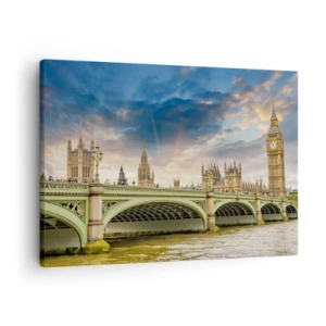 Cuadro sobre lienzo - Impresión de Imagen - El Big Ben y el puente de Westminster contra el cielo al anochecer - 70x50cm - El tiempo se detuvo en el Imperio - Decoración de pared moderna para salón y dormitorio ARTTOR