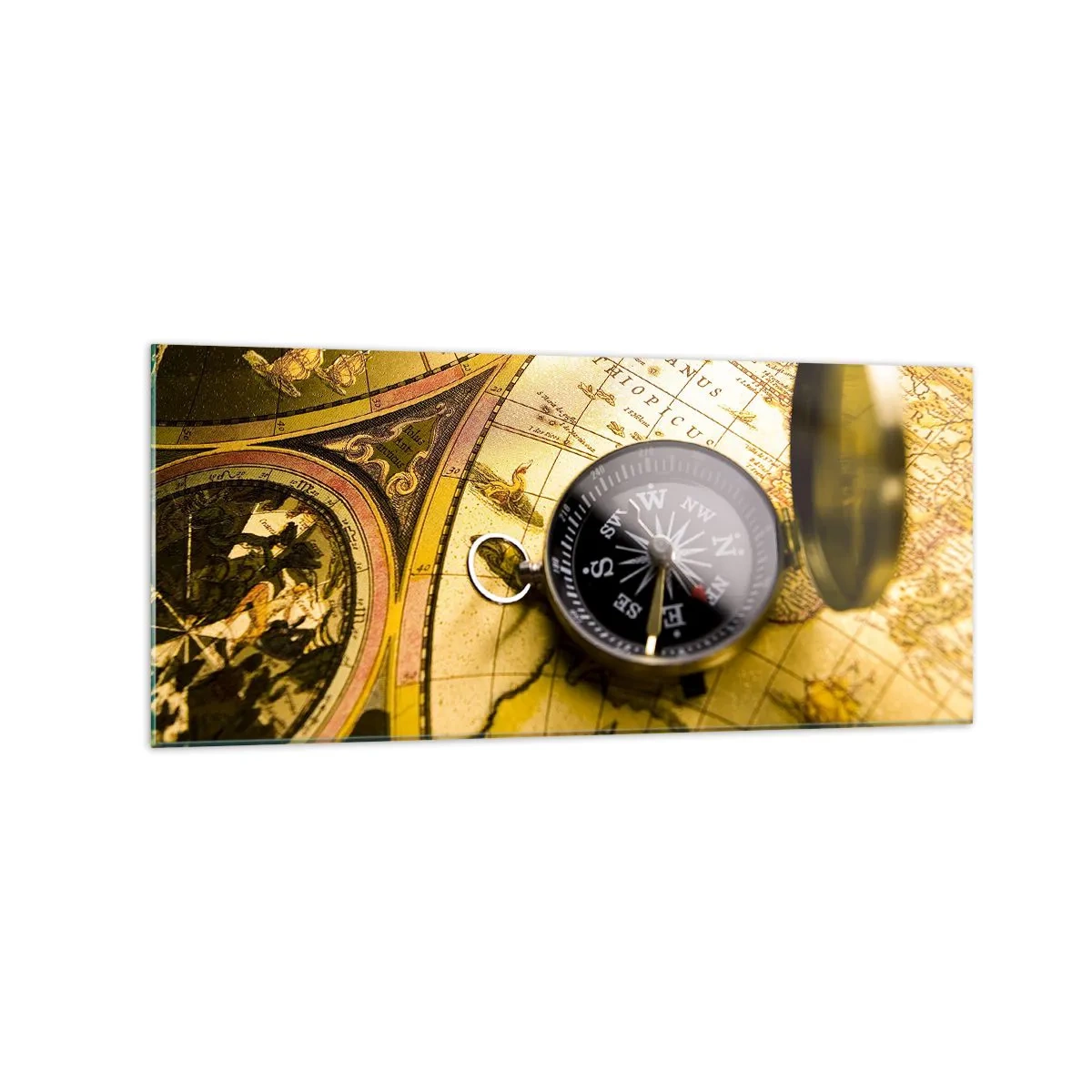 Cuadro sobre vidrio - Impresiones sobre Vidrio - Una brújula antigua sobre el fondo de un mapa del viejo mundo. - 120x50cm - ¿Hasta el fin del mundo? - Decoración de pared moderna para salón y dormitorio ARTTOR