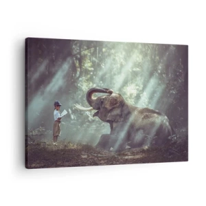 Cuadro sobre lienzo - Impresión de Imagen - Un niño y un elefante en un entorno forestal iluminado por la luz del sol. - 70x50cm - Y escucha esto... - Decoración de pared moderna para salón y dormitorio ARTTOR