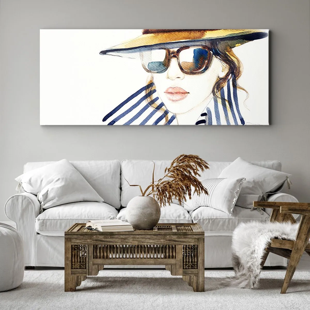 Cuadro sobre lienzo - Impresión de Imagen - Retrato de una mujer con sombrero y gafas de sol. - 120x50cm - ¡Florida le da la bienvenida! - Decoración de pared moderna para salón y dormitorio ARTTOR