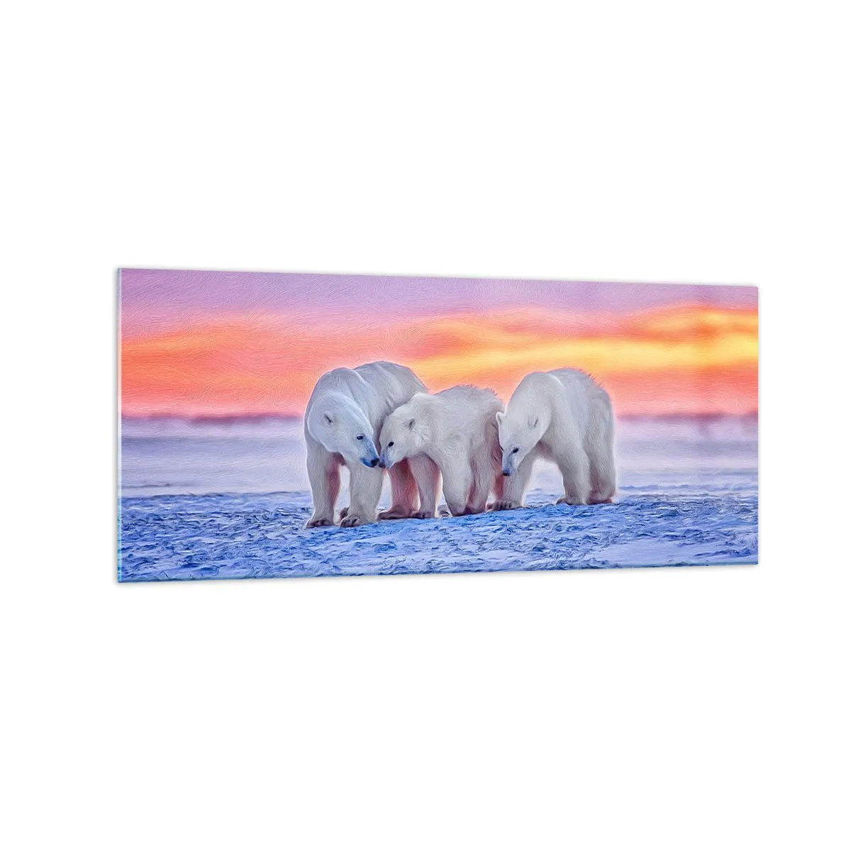 Cuadro sobre vidrio - Impresiones sobre Vidrio - Tres osos polares con el telón de fondo de una puesta de sol ártica. - 120x50cm - Todo lo que necesitas es el calor de la familia - Decoración de pared moderna para salón y dormitorio ARTTOR