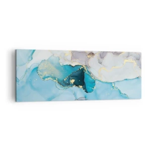 Cuadro sobre lienzo - Impresión de Imagen - Abstracción en tonos azules y dorados con líneas sutiles. - 140x50cm - Un estudio del encuentro entre el gris y el turquesa - Decoración de pared moderna para salón y dormitorio ARTTOR