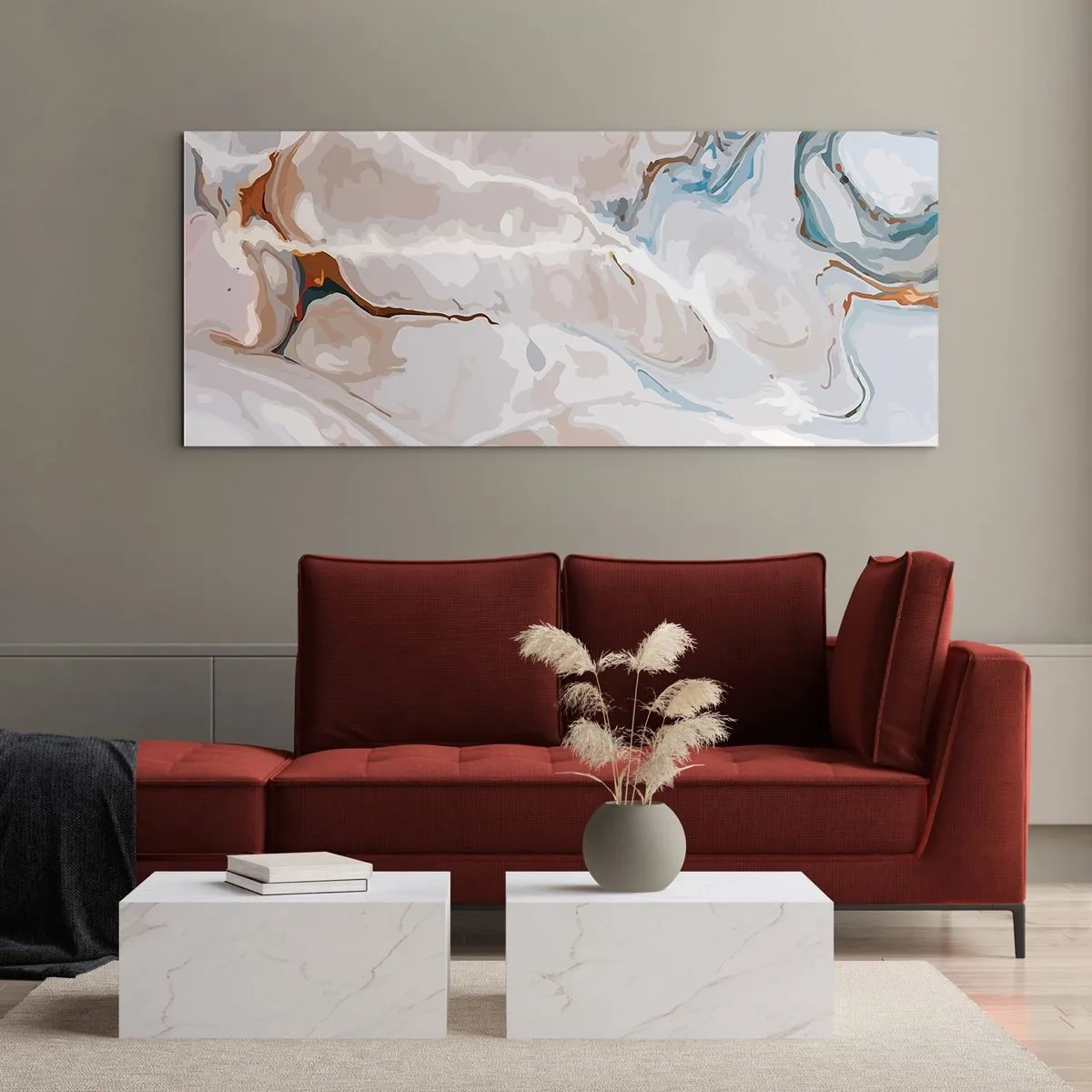 Cuadro sobre vidrio - Impresiones sobre Vidrio - El azul serpentea por el blanco - 100x40 cm