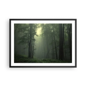 Póster en marco negro - Un bosque verde por la mañana envuelto en una delicada niebla. - 70x50cm - Antes de que se despierte el bosque - Decoración de pared moderna para salón y dormitorio ARTTOR