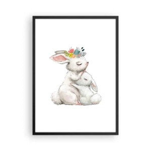 Póster en marco negro - Dos conejitos abrazados con una corona de flores en la cabeza. - 50x70cm - En ningún lugar mejor que con mamá - Decoración de pared moderna para salón y dormitorio ARTTOR